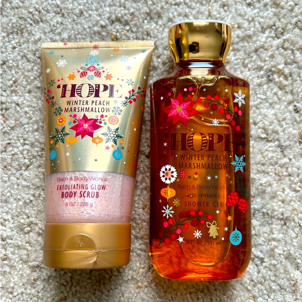 New Bath & Body Works HOPE (Winter Peach Marshmallow) Shower Gel & Body Scrub